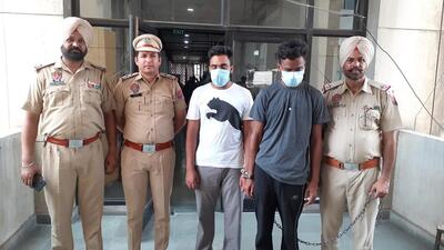 The accused Daljit Singh of Churchak village and Pritpal Singh of Gholia Khurd village in Moga, both allegedly backed by Gurpatwant Singh Pannu, the US-based founder of banned separatist organization, Sikh for Justice (SFJ), who were arrested for scribbling pro-Khalistan slogans at Moga bus stand. (HT Photo)