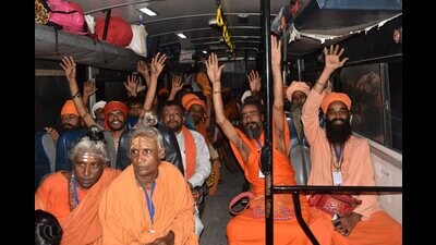 The first batch of pilgrims leaving Jammu on Friday. (PTI) The first batch of pilgrims leaving Jammu on Friday. (PTI)