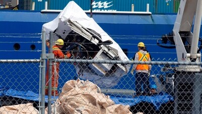 Debris from the Titan submersible, recovered from the ocean floor near the wreck of the Titanic, is unloaded from the ship Horizon Arctic at the Canadian Coast Guard pier in St. John's, Newfoundland, Wednesday, June 28, 2023. (AP) Debris from the Titan submersible, recovered from the ocean floor near the wreck of the Titanic, is unloaded from the ship Horizon Arctic at the Canadian Coast Guard pier in St. John's, Newfoundland, Wednesday, June 28, 2023. (AP)