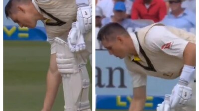 Marnus Labuschagne picking up his chewing gum from the pitch Marnus Labuschagne picking up his chewing gum from the pitch