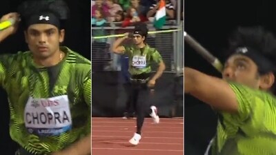 Neeraj Chopra jumped from second to first in his fifth attempt to seal the win. (Screengrab) Neeraj Chopra jumped from second to first in his fifth attempt to seal the win. (Screengrab)