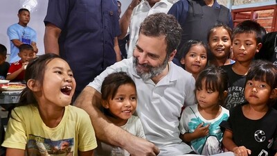 Congress leader Rahul Gandhi interacts with children while meeting with violence-affected families, at a relief camp, in Churachandpur, Manipur, Thursday, June 29, 2023. (PTI) Congress leader Rahul Gandhi interacts with children while meeting with violence-affected families, at a relief camp, in Churachandpur, Manipur, Thursday, June 29, 2023. (PTI)