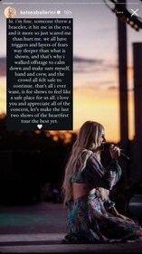 Kelsea Ballerini's Instagram story talking about " triggers and layers of fears," and addressing the incident that took place in her concert. (Instagram/Kelsea Ballerini) Kelsea Ballerini's Instagram story talking about " triggers and layers of fears," and addressing the incident that took place in her concert. (Instagram/Kelsea Ballerini)