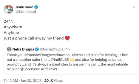 Sonu Sood replied to Neha Dhupia's tweet. Sonu Sood replied to Neha Dhupia's tweet.