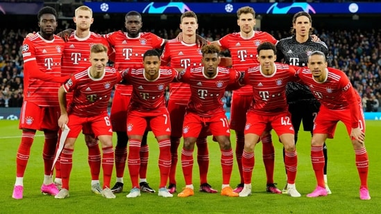 Bayern Munich team players pose prior to the start of the Champions League quarterfinal (AP)