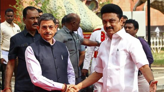 Tamil Nadu governor R N Ravi with chief minister M K Stalin. (ANI/File)