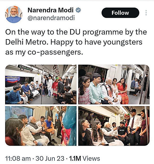 PM Modi tweeted about his experience on the Delhi Metro ride from Lok Kalyan Marg to Vishwavidyalaya, where he answered many questions of DU students. (Photo: Narendra Modi/Twitter) PM Modi tweeted about his experience on the Delhi Metro ride from Lok Kalyan Marg to Vishwavidyalaya, where he answered many questions of DU students. (Photo: Narendra Modi/Twitter)
