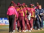 West Indies players shake hands after loosing to Scotland in their ICC Men's Cricket World Cup Qualifier match at Harare Sports Club in Harare, Zimbabwe,Saturday July 1, 2023. (AP /PTI Photo)(AP07_01_2023_000256A)