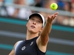Poland's Iga Swiatek serves against Russia's Anna Blinkova during their quarterfinal WTA tour tennis match in Bad Homburg