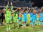 Indian players celebrate after they won in penalty shoot out during the 2nd semifinal of SAFF Championship 2023 between India vs Lebanon Indian players celebrate after they won in penalty shoot out during the 2nd semifinal of SAFF Championship 2023 between India vs Lebanon