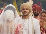 Kiara Advani, Kartik Aaryan and Supriya Pathak in a still from Satyaprem Ki Katha. Kiara Advani, Kartik Aaryan and Supriya Pathak in a still from Satyaprem Ki Katha.