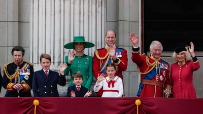 From left: Princess Anne, Prince George, Kate, Princess of Wales, Prince Louis, Prince William, Princess Charlotte, King Charles III and Camilla, the Queen Consort, greet the crowd from the balcony of Buckingham Palace after the Trooping The Colour parade, in London, Saturday, June 17, 2023. Trooping the Colour is the King's Birthday Parade and one of the nation's most impressive and iconic annual events attended by almost every member of the Royal Family.(AP Photo/Alastair Grant) (AP) From left: Princess Anne, Prince George, Kate, Princess of Wales, Prince Louis, Prince William, Princess Charlotte, King Charles III and Camilla, the Queen Consort, greet the crowd from the balcony of Buckingham Palace after the Trooping The Colour parade, in London, Saturday, June 17, 2023. Trooping the Colour is the King's Birthday Parade and one of the nation's most impressive and iconic annual events attended by almost every member of the Royal Family.(AP Photo/Alastair Grant) (AP)