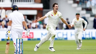Pat Cummins celebrates after taking the wicket of England's Joe Root, caught by David Warner (Action Images via Reuters)