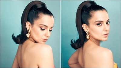 Kangana accessorised the midi dress with gold statement heart-shaped earrings, embellished high-heel pumps and rings. Lastly, she chose an Audrey Hepburn-esque hairstyle, winged eyeliner, shimmering gold eye shadow, feathered brows, nude pink lip shade, blushed cheeks, and sharp contouring for the glam picks. Kangana accessorised the midi dress with gold statement heart-shaped earrings, embellished high-heel pumps and rings. Lastly, she chose an Audrey Hepburn-esque hairstyle, winged eyeliner, shimmering gold eye shadow, feathered brows, nude pink lip shade, blushed cheeks, and sharp contouring for the glam picks. 