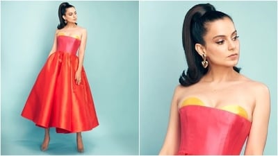 Kangana slipped into a princess-esque midi dress from the shelves of designers Gauri and Nainika's eponymous label for the event. The ensemble aces the colour-block aesthetic with its orange, pink and yellow hues. The strapless silhouette, a plunging sweetheart neckline, corseted bodice, cinched waist, and a flowy pleated skirt completed the design elements. Kangana slipped into a princess-esque midi dress from the shelves of designers Gauri and Nainika's eponymous label for the event. The ensemble aces the colour-block aesthetic with its orange, pink and yellow hues. The strapless silhouette, a plunging sweetheart neckline, corseted bodice, cinched waist, and a flowy pleated skirt completed the design elements. 