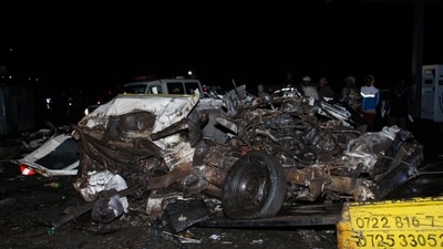 The wreckage of vehicles lies on the ground after a fatal accident in Londiani, Kenya early Saturday. (AP) The wreckage of vehicles lies on the ground after a fatal accident in Londiani, Kenya early Saturday. (AP)