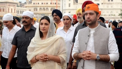Aam Aadmi Party (AAP) MP Raghav Chadha and his fiance Parineeti Chopra on Saturday paid obeisance at Shri Harmandir Sahib in Punjab, Amritsar. (PTI) Aam Aadmi Party (AAP) MP Raghav Chadha and his fiance Parineeti Chopra on Saturday paid obeisance at Shri Harmandir Sahib in Punjab, Amritsar. (PTI)