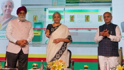 Union Finance Minister Nirmala Sitharaman virtually inaugurates a branch of the Punjab and Sind Bank in Assam's Karimganj, in New Delhi, Saturday, July 1, 2023. (PTI)