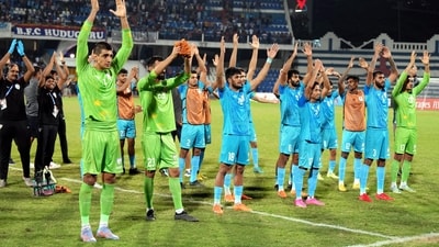 Indian players celebrate after they won in penalty shoot out during the 2nd semifinal of SAFF Championship 2023 between India vs Lebanon (PTI) Indian players celebrate after they won in penalty shoot out during the 2nd semifinal of SAFF Championship 2023 between India vs Lebanon (PTI)