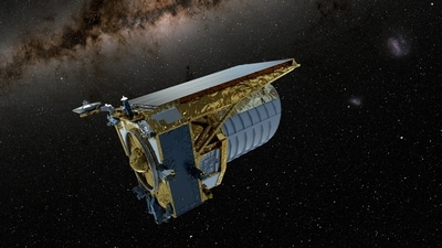 An artist's concept shows the Euclid space telescope, built by the European Space Agency (ESA) that is set to be launched by a SpaceX Falcon 9 rocket, in operation, in this undated handout image. (via Reuters)