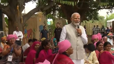 PM Modi while interacting with the women in Pakariya village. (Twitter/ ANI) PM Modi while interacting with the women in Pakariya village. (Twitter/ ANI)