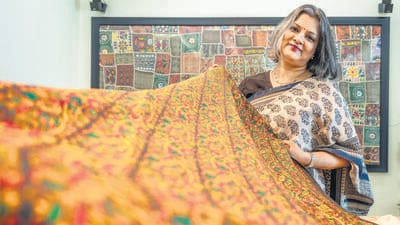Textile curator Savitha Suri says, “It takes 17 pairs of hands to make one metre of handloom cloth. So, India’s textiles are a case study in empathetic cooperation and collaboration.” (Satish Bate/ HT Photo) Textile curator Savitha Suri says, “It takes 17 pairs of hands to make one metre of handloom cloth. So, India’s textiles are a case study in empathetic cooperation and collaboration.” (Satish Bate/ HT Photo)