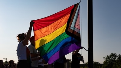 People raise Bucks County's Pride Flag to kick off Pride Month in Doylestown, Pennsylvania, U.S., June 1, 2023. (REUTERS)