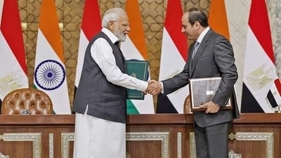 Prime Minister Narendra Modi and Egyptian President Abdel Fattah El-Sisi at the Exchange of MOUs/ Strategic Partnership document, at President House, in Cairo on Sunday. (ANI/PIB) Prime Minister Narendra Modi and Egyptian President Abdel Fattah El-Sisi at the Exchange of MOUs/ Strategic Partnership document, at President House, in Cairo on Sunday. (ANI/PIB)