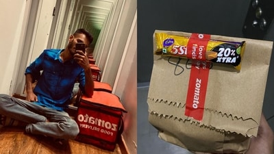 The image shows the delivery agent and the order with a bar of chocolate. (Instagram/@feat_karan)