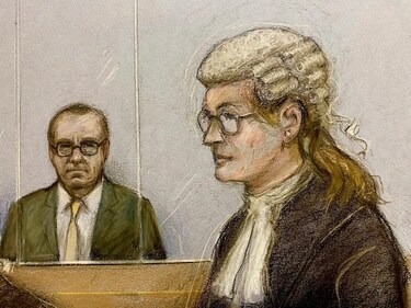 Court artist sketch by Elizabeth Cook of actor Kevin Spacey, left, in the dock as he listens to Christine Agnew KC, right, at Southwark Crown Court, London, Friday, June 30, 2023. Spacey is going on trial on charges he sexually assaulted four men as long as two decades ago. The double-Oscar winner faces a dozen charges at Southwark Crown Court. Spacey pleads not guilty to all charges. (Elizabeth Cook/PA via AP) (AP) Court artist sketch by Elizabeth Cook of actor Kevin Spacey, left, in the dock as he listens to Christine Agnew KC, right, at Southwark Crown Court, London, Friday, June 30, 2023. Spacey is going on trial on charges he sexually assaulted four men as long as two decades ago. The double-Oscar winner faces a dozen charges at Southwark Crown Court. Spacey pleads not guilty to all charges. (Elizabeth Cook/PA via AP) (AP)