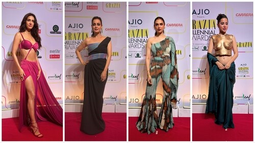 Disha Patani, Dia Mirza, Aditi Rao Hydari and Uorfi Javed at Grazia Millennial Awards. (Varinder Chawla) Disha Patani, Dia Mirza, Aditi Rao Hydari and Uorfi Javed at Grazia Millennial Awards. (Varinder Chawla)