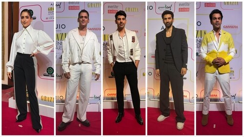 Sania Malhotra, Vijay Varma, Pavail Gulati, Aditya Roy Kapur and Rajkummar Rao at Grazia Millennial Awards. (Varinder Chawla) Sania Malhotra, Vijay Varma, Pavail Gulati, Aditya Roy Kapur and Rajkummar Rao at Grazia Millennial Awards. (Varinder Chawla)