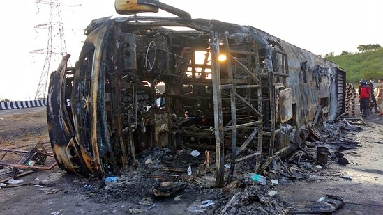 "The bus was travelling from Nagpur to Pune when it met with an accident at around 1:30 am. The driver said that the accident took place after a tyre burst, leading to flames in the bus. Later the diesel tank of the vehicle caught fire. There are three children among those who died and the rest are adults. The exact reason for the accident has not yet been ascertained," Buldhana Superintendant of Police (SP) Sunil Kadasane told reporters.&nbsp;(ANI)