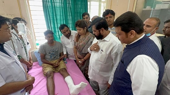 Maharashtra Chief Minister Eknath Shinde and Deputy Chief Minister Devendra Fadnavis reached Buldhana Civil Hospital to meet the injured in the Buldhana bus accident.&nbsp;(ANI)