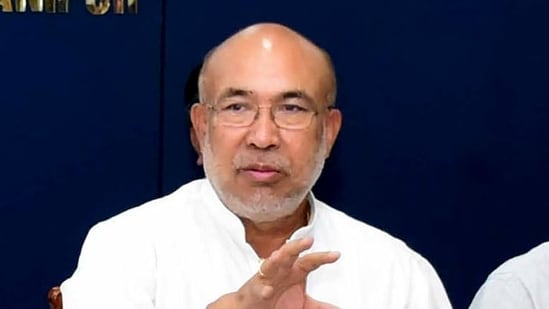 Manipur chief minister N Biren Singh addresses a press conference, appealing to the people for peace in the strife ridden state, at the Chief Minister’s Secretariat in Imphal. (HT_PRINT)