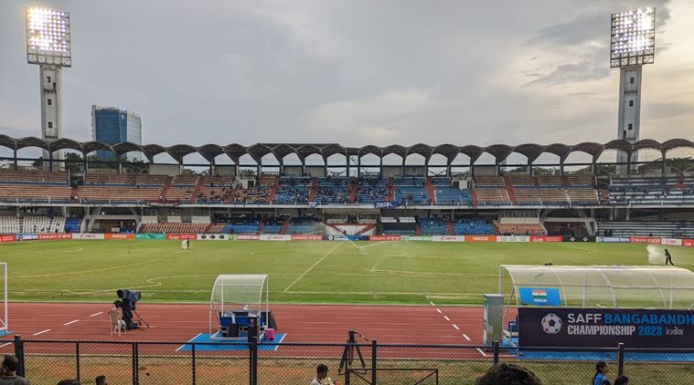 Ground being prepared for India vs Lebanon, SAFF Championship 2023 (HT Photo/Shivam Saha) Ground being prepared for India vs Lebanon, SAFF Championship 2023 (HT Photo/Shivam Saha)