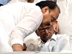 NCP president Sharad Pawar in a discussion with party leader Ajit Pawar after announcing being resigned from the party post at YB Chawan Auditorium in Mumbai in May. (ANI Photo) NCP president Sharad Pawar in a discussion with party leader Ajit Pawar after announcing being resigned from the party post at YB Chawan Auditorium in Mumbai in May. (ANI Photo)