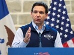 Florida Governor Ron Desantis addresses Iowa residents at Sun Valley Barn in Pella, Iowa,