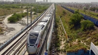 A RapidX train in on the priority section in Ghaziabad on Monday. (Sakib Ali/HT Photo)