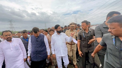 After the mishap, Maharashtra Chief Minister Eknath Shinde along with State Deputy Chief Minister Devendra Fradnavis visited the accident site on Saturday. (HT PHOTO) After the mishap, Maharashtra Chief Minister Eknath Shinde along with State Deputy Chief Minister Devendra Fradnavis visited the accident site on Saturday. (HT PHOTO)