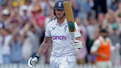 England's captain Ben Stokes raises his bat to celebrate scoring 150 runs during the fifth day of the second Ashes Test match between England and Australia, at Lord's cricket ground in London, Sunday, July 2, 2023. (AP Photo/Kirsty Wigglesworth) (AP) England's captain Ben Stokes raises his bat to celebrate scoring 150 runs during the fifth day of the second Ashes Test match between England and Australia, at Lord's cricket ground in London, Sunday, July 2, 2023. (AP Photo/Kirsty Wigglesworth) (AP)