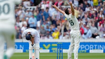England's captain Ben Stokes, left, reacts after he is dismissed by Australia's Josh Hazlewood, right, during the fifth day of the second Ashes Test match between England and Australia (AP) England's captain Ben Stokes, left, reacts after he is dismissed by Australia's Josh Hazlewood, right, during the fifth day of the second Ashes Test match between England and Australia (AP)