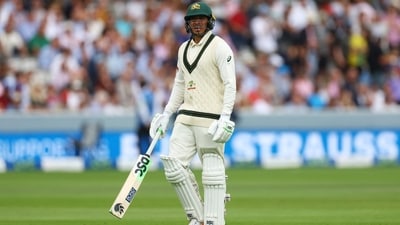 Cricket - Ashes - Second Test - England v Australia - Lords, London, Britain - July 1, 2023 Australia's Usman Khawaja  walks after losing his wicket, caught by England's Matthew Potts off the bowling of Stuart Broad Action Images via Reuters/Matthew Childs (Action Images via Reuters)