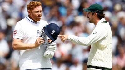 Jonny Bairstow speaks to Travis Head after being run out by Alex Carey (Reuters)