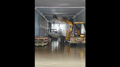 Construction work underway at railway under-bridge in Ludhiana. (HT PHOTO)