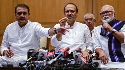 NCP leader and newly appointed Dy CM Ajit Pawar, NCP MP Praful Patel and NCP MLA and minsiter Chhagan Bhujbal addressing the media during press conference at Sahayadri Guest House, Malabar Hill on Sunday. (Anshuman Poyrekar/ Hindustan Times) NCP leader and newly appointed Dy CM Ajit Pawar, NCP MP Praful Patel and NCP MLA and minsiter Chhagan Bhujbal addressing the media during press conference at Sahayadri Guest House, Malabar Hill on Sunday. (Anshuman Poyrekar/ Hindustan Times)