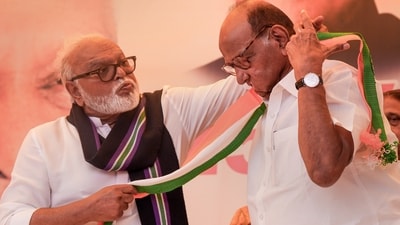 NCP chief Sharad Pawar being felicitated by Chhagan Bhujbal during party's foundation day celebrations in New Delhi in June. (PTI) NCP chief Sharad Pawar being felicitated by Chhagan Bhujbal during party's foundation day celebrations in New Delhi in June. (PTI)