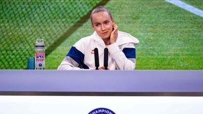 Kazakhstan's Elena Rybakina speaks during a press conference ahead of of the 2023 Wimbledon Championships at The All England Tennis Club in Wimbledon (AFP) Kazakhstan's Elena Rybakina speaks during a press conference ahead of of the 2023 Wimbledon Championships at The All England Tennis Club in Wimbledon (AFP)