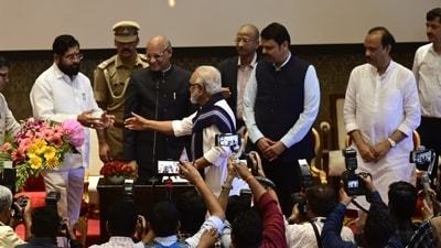 Senior NCP leader Chhagan Bhujbal greets Maharashtra chief minister Eknath Shinde after taking the oath as a minister at Raj Bhavan in Mumbai. (HT Photo/Anshuman poyrekar) Senior NCP leader Chhagan Bhujbal greets Maharashtra chief minister Eknath Shinde after taking the oath as a minister at Raj Bhavan in Mumbai. (HT Photo/Anshuman poyrekar)