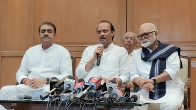 Ajit Pawar during a press conference in Mumbai after being sworn in as the deputy chief minister, is joined by Chhagan Bhujbal and Praful Patel, who were also inducted into the state cabinet. "We joined for the purpose of development. Modi is leading the country and working towards its progress. We felt the need to support him," Pawar said. (HT Photo/Anshuman poyrekar) Ajit Pawar during a press conference in Mumbai after being sworn in as the deputy chief minister, is joined by Chhagan Bhujbal and Praful Patel, who were also inducted into the state cabinet. "We joined for the purpose of development. Modi is leading the country and working towards its progress. We felt the need to support him," Pawar said. (HT Photo/Anshuman poyrekar)